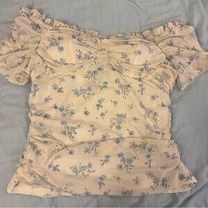 Floral Off-Shoulder Ruffle Top - Cream with Blue Flowers